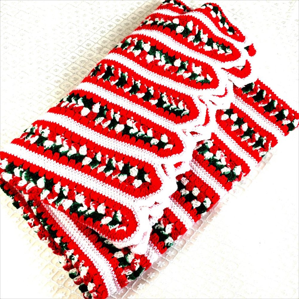 Christmas Hand Crochet Stripe Lap Red White Green Stripes Blanket 50 x 62"